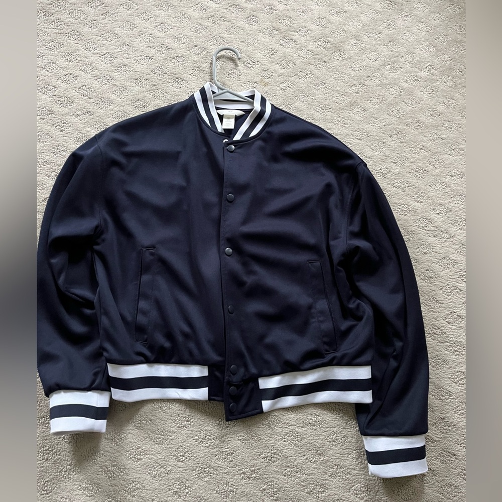 H&M Navy Blue and White Varsity Jacket
